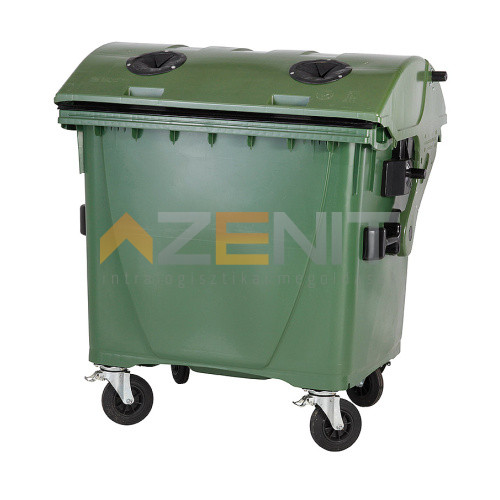 1100 literes műanyag hulladékgyűjtő konténer ÜVEG gyűjtésére alkalmas fedéllel zöld színben
