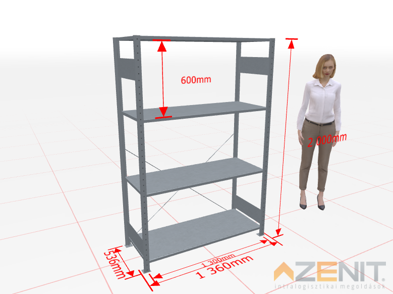 Kapcsolható polcos állvány alapmező MULTIplus típus, 1300×500 mm polcokkal, 2000 mm magas 4 polcos horganyzott 